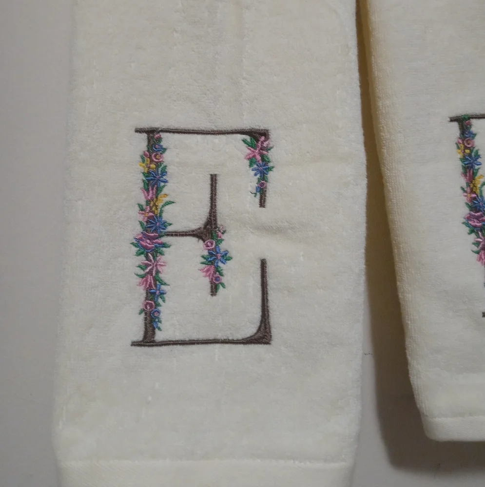 2 White Cotton Hand Towels with Multicolor Flowers Embroidery Brown Monogram E